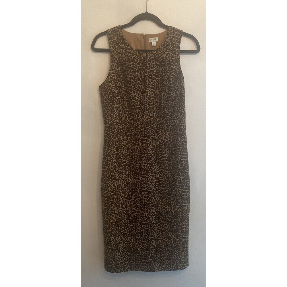 J Crew Size 2 Leopard Print Sheath Dress Brown Tan Black Midi Sleeveless‎ EUC